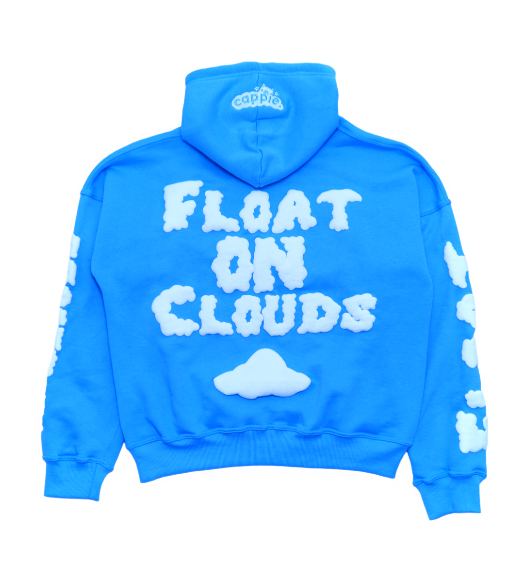 ‘float on clouds’ sky blue hoodie.