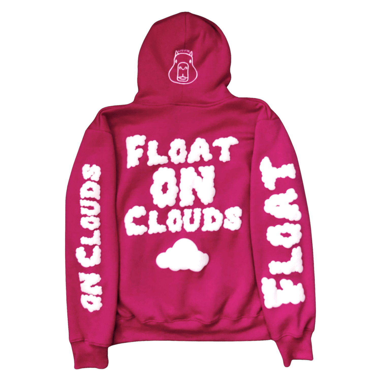 ‘float on clouds’ hot pink hoodie.