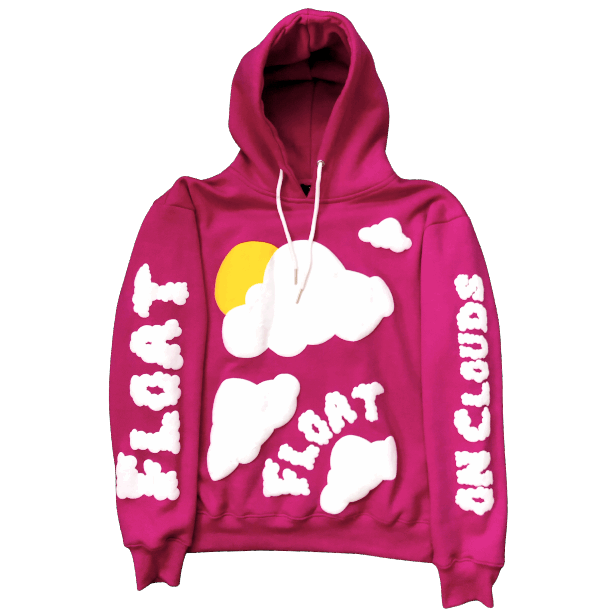 ‘float on clouds’ hot pink hoodie.