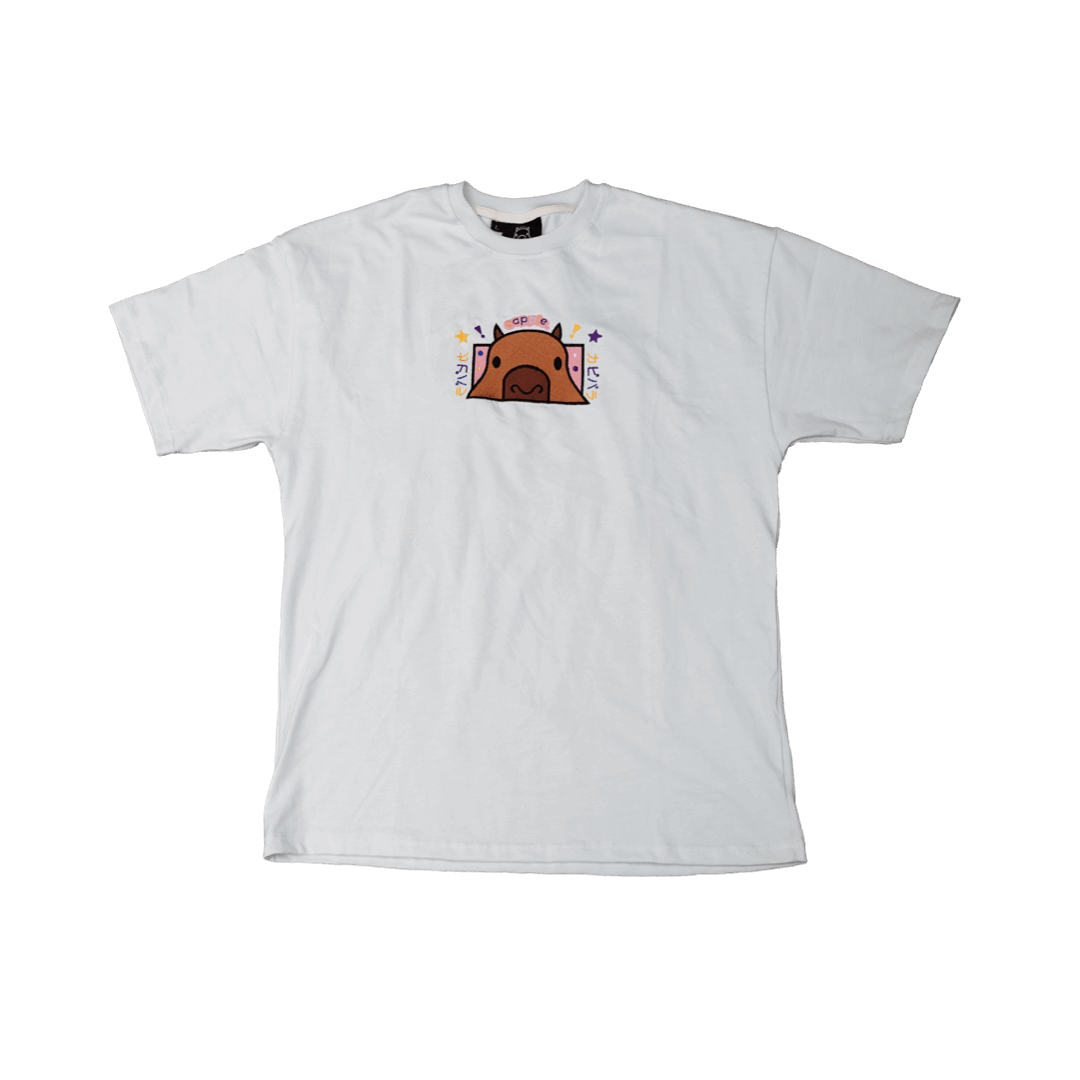 white oversized ‘kapibara’ t-shirt.